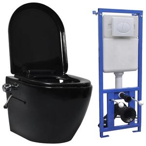 VidaXL Zidna WC školjka s ugradbenim vodokotlićem keramička crna