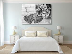 Slika božuri i srca od breze u crno-bijelom dizajnu