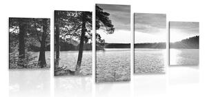 5-dijelna slika zalazak sunca nad jezerom u crno-bijelom dizajnu