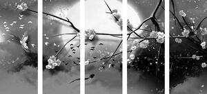 5-dijelna slika grane stabla dok je mjesec pun u crno-bijelom dizajnu