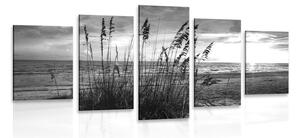 5-dijelna slika zalazak sunca na plaži u crno-bijelom dizajnu