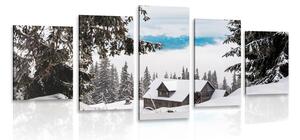 5-dijelna slika drvena kućica pokraj snježnih borova
