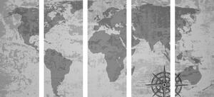 5-dijelna slika stari zemljovid svijeta s kompasom u crno-bijelom dizajnu