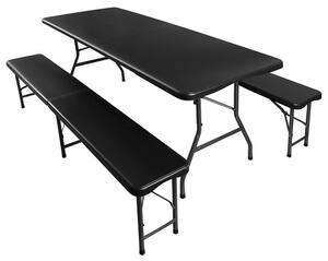 Sklopivi vrtni stol 180 cm + 2 klupe - crni