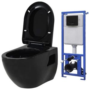 VidaXL Zidna toaletna školjka s ugradbenim vodokotlićem keramička crna