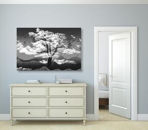 Slika crno-bijelo stablo preplavljeno oblacima