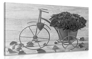 Slika bicikl pun ruža u crno-bijelom dizajnu
