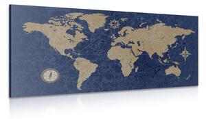 Slika zemljovid svijeta s kompasom u retro stilu na plavoj pozadini