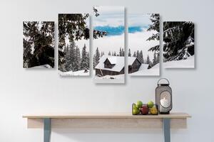 5-dijelna slika drvena kućica pokraj snježnih borova