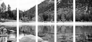 5-dijelna slika jezero u divnoj prirodi u crno-bijelom dizajnu
