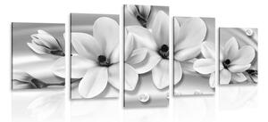 5-dijelna slika luksuzna magnolija s biserima u crno-bijelom dizajnu