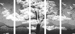 5-dijelna slika crno-bijelo stablo preplavljeno oblacima