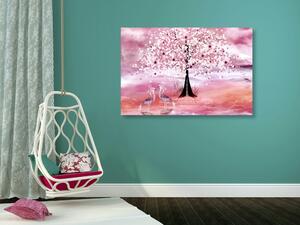 Slika čaplje ispod magičnog stabla u ružičastom tonu