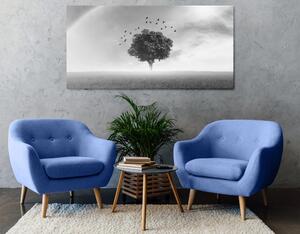 Slika usamljeno stablo na livadi u crno-bijelom dizajnu