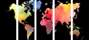 5-dijelna slika zemljovid svijeta u akvarelnom dizajnu na crnoj podlozi