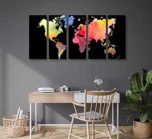 5-dijelna slika zemljovid svijeta u akvarelnom dizajnu na crnoj podlozi