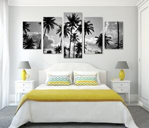 5-dijelna slika kokosove palme na plaži u crno-bijelom dizajnu