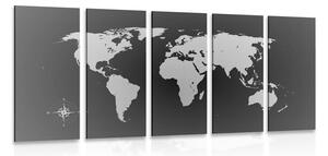 5-dijelna slika zemljovid svijeta u nijansama sive