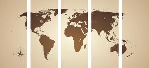 5-dijelna slika zemljovid svijeta u nijansama smeđe