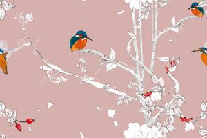 Samoljepljiva tapeta ptičice u gustoj šumi s ružičastom pozadinom