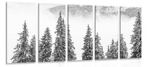 5-dijelna slika borovi pod snijegom u crno-bijelom dizajnu