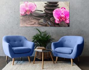 Slika orhideja i Zen kamenje na drvenoj podlozi