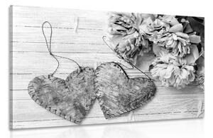 Slika božuri i srca od breze u crno-bijelom dizajnu