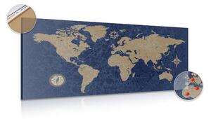 Slika na plutu zemljovid svijeta s kompasom u retro stilu na plavoj pozadini