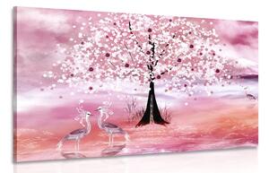 Slika čaplje ispod magičnog stabla u ružičastom tonu