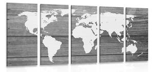 5-dijelna slika crno-bijeli zemljovid svijeta s drvenom pozadinom