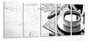 5-dijelna slika šalica kave u jesenjem dizajnu u crno-bijelom dizajnu