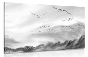 Slika let ptica nad krajolikom u crno-bijelom dizajnu