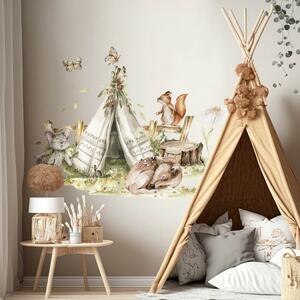 Naljepnica za zid u šumi - Šator teepee i šumske životinje