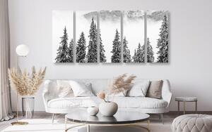 5-dijelna slika borovi pod snijegom u crno-bijelom dizajnu