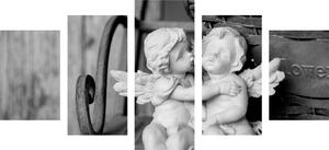 5-dijelna slika kipići anđelića na klupi u crno-bijelom dizajnu