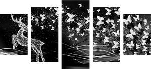 5-dijelna slika divni jelen s leptirima u crno-bijelom dizajnu