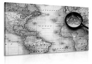 Slika crno-bijeli zemljovid svijeta s povećalom