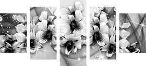 5-dijelna slika crno-bijelo cvijeće na apstraktnoj pozadini