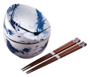 Set od 2 plavo-bijele keramičke posude i štapića za jelo MIJ