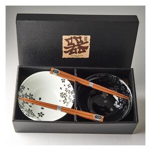 Set od 2 crno-bijele keramičke zdjele i štapića za jelo MIJ Sakura