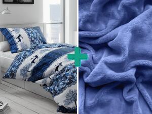 2x posteljina od mikropliša BOŽICNI SOBI plava + plahta od mikropliša SOFT 180x200 cm plava