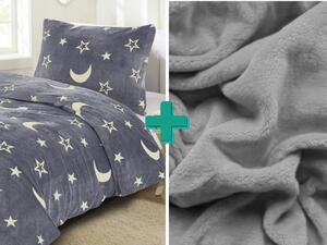 Svjetleća posteljina od mikropliša BIG MOON siva + plahta od mikropliša SOFT 90x200 cm svijetlo siva