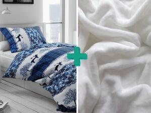2x posteljina od mikropliša BOŽICNI SOBI plava + plahta od mikropliša SOFT 180x200 cm bijela