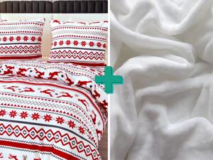 2x posteljina od mikropliša RETRO CHRISTMAS bijela + plahta od mikropliša SOFT 180x200 cm bijela