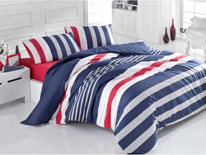 Plava posteljina od ranforce pamuka za bračni krevet Stripe, 200 x 220 cm