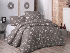 Smeđa pamučna posteljina s plahtom za bračni krevet i dvije jastučnice Hearts, 200 x 220 cm