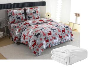 Set posteljine od mikropliša MERRY CHRISTMAS DEER sive + plahta od mikropliša SOFT 180x200 cm bijela, dvostruki krevet