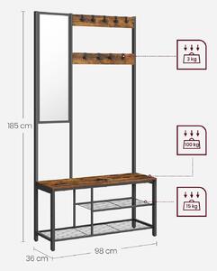 Stalak za odjeću s kukama i zrcalom, 36 x 98 x 185 cm, vintage smeđe-crni | VASAGLE
