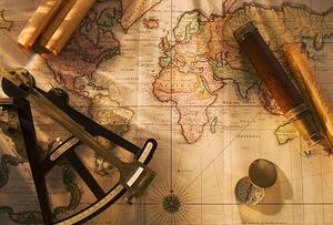 Fotografija Octant, compass and telescope on nautical map, Tetra Images