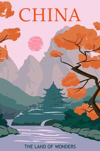 Ilustracija China vintage poster autumn landscape mountains, VectorUp